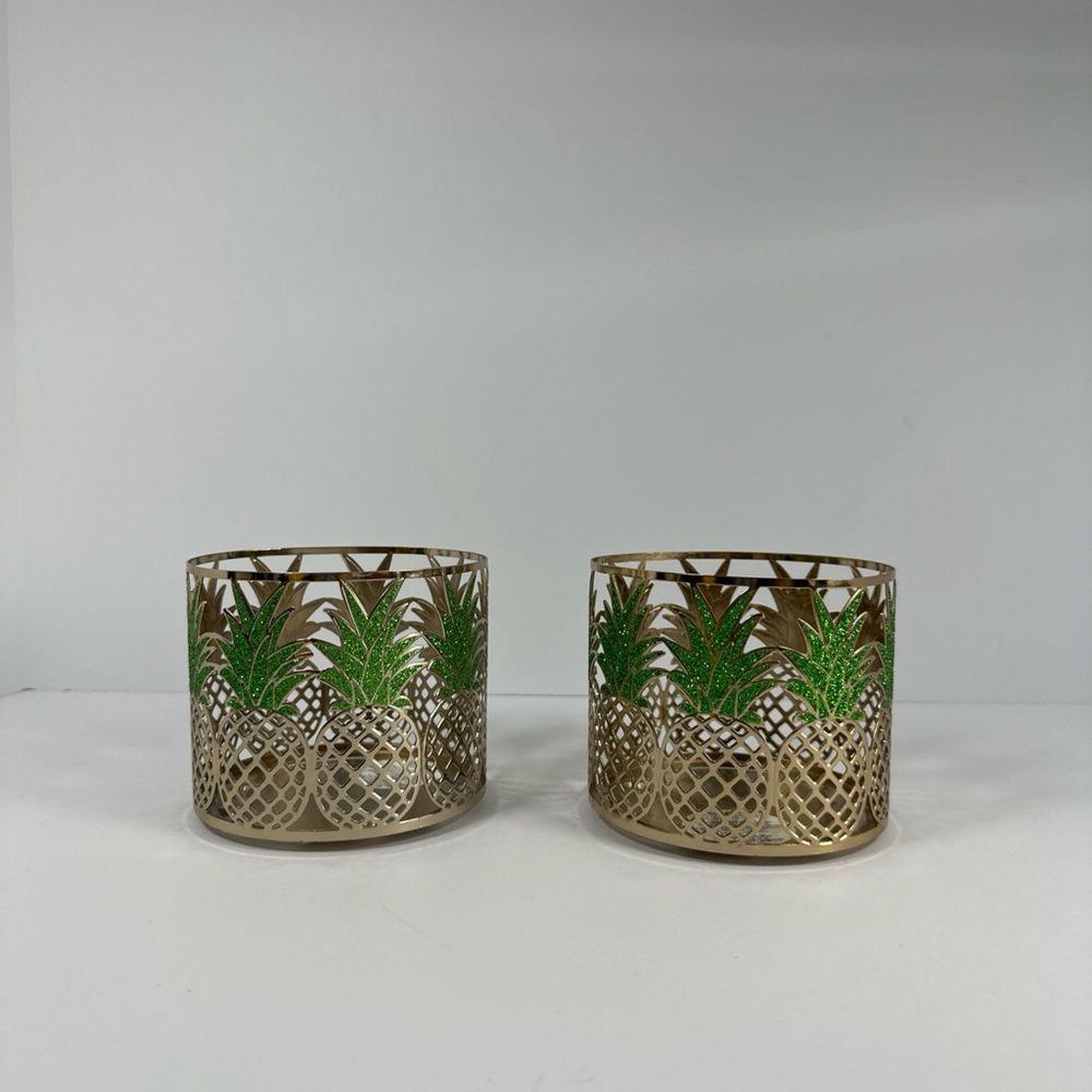 Gold Pineapple Metal Tea Light Holder Set with Green Accent